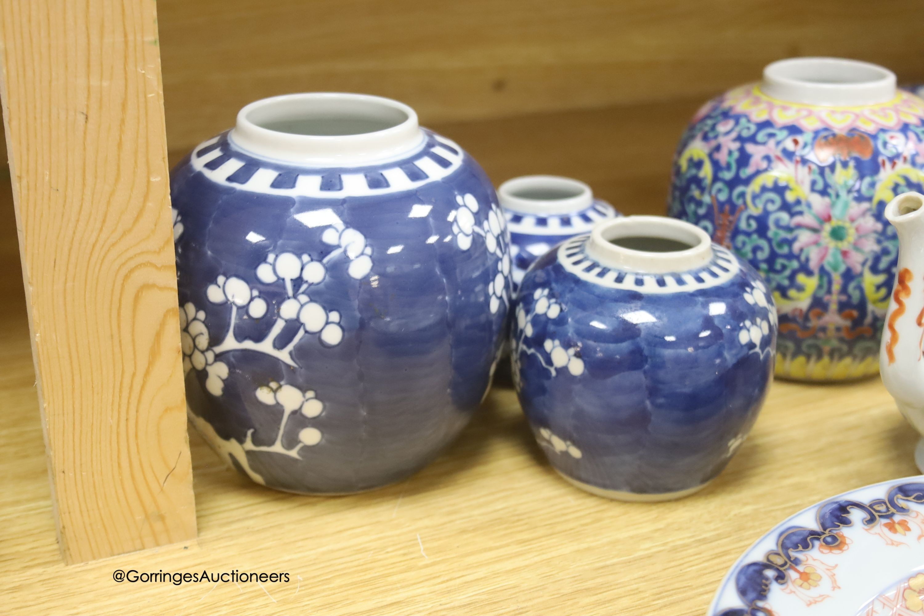 A group of mixed Chinese ceramics including a and 18th century famille rose teapot and four Samson Imari dishes, diameter 23cm